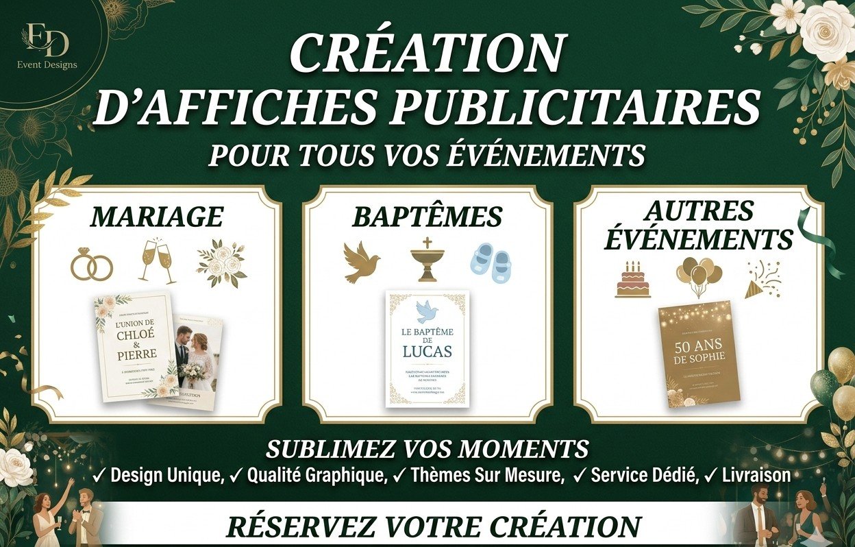 Création d&rsquo;affiche publicitaires pour mariage, baptêmes ou autres événements